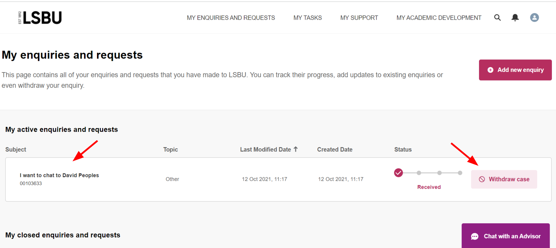 A view of current enquiries, showing their status information