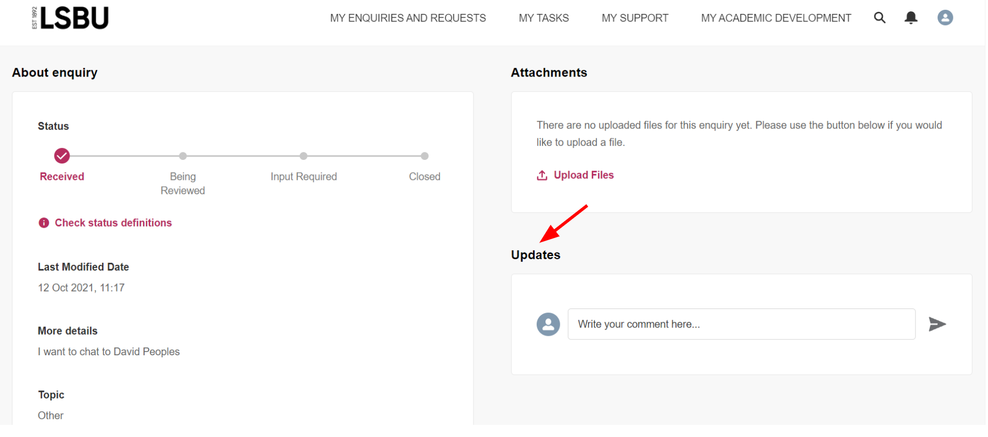 A screenshot of the 'My enquiries and requests' page, with the 'Updates' section highlighted